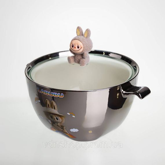 Бульйонниця порцелянова Labubu з кришкою та ручками 800 (мл) Ø15 (см) дитяча тарілка для супу та локшини Сріблястий з коричневим | Зображення 3