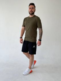 Мужской легкий летний костюм двойка с шортами, размер 52, цвет черный с хаки