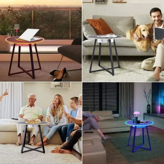 Круглий скляний музичний журнальний столик з підсвічуванням, підзарядка, Bluetooth | Зображення 1