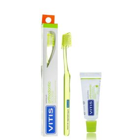 Ортодонтична зубна щітка зі звичайною головкою VITIS ORTHODONTIC REGULAR жовта + зразок пасти VITIS ORTHODONTIC, 15 мл (DENTAID)