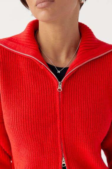 В'язаний кардиган на блискавці з високим коміром - червоний цвет, ONE SIZE (є розміри) | Зображення 3