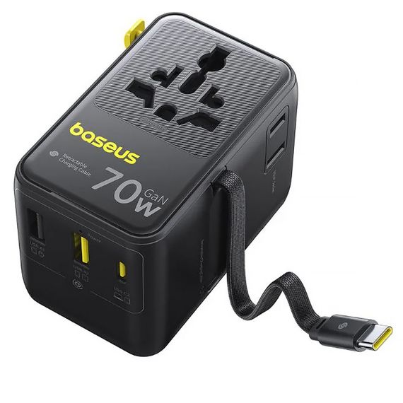 Мережевий універсальний перехідник Baseus CG11 70W with retractable cable (2USB-A/3C/1Socket) (E0307E) Cosmic Black | Зображення 1
