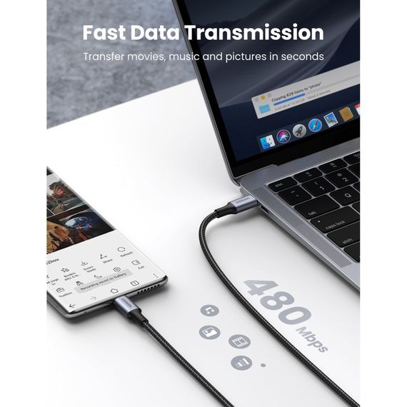 Дата кабель USB-C to USB-C 3.0m 5A 100W US316 Black Ugreen (90120) | Зображення 2