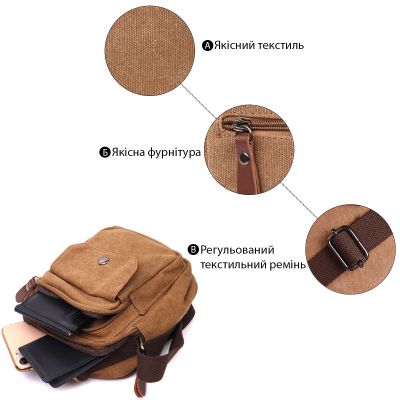 Сумка Vintage Мужская из плотного текстиля Коричневая (22220) | Зображення 7