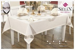 Льняна скатертина Selin Elif Set 160×350+12 серветок кремова