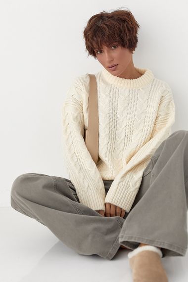 В'язана жіноча кофта в косички - молочний цвет, ONE SIZE (є розміри)