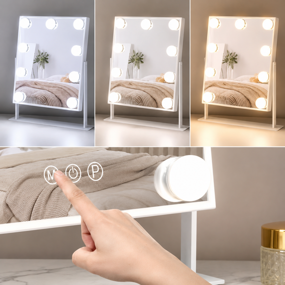 Косметичне дзеркало, з підсвіткою, Голлівудське, 9 LED, 10Х, Біле/Дзеркало з лампочками/Настільне дзеркало для макіяжу | Зображення 5