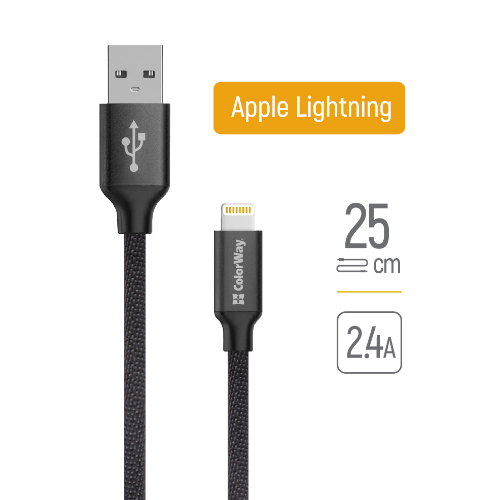 Кабель USB Lightning ColorWay CW-CBUL048-BK 2,4A 0,25м чорний | Зображення 3