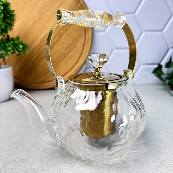 Стильный стеклянный чайник Masala GK-5812 1 л с золотистыми элементами и удобным заварочным фільтром Прозрачный | Зображення 1