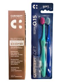 Набір для пари: зубна паста Curasept DENT DAYCARE PROT BOOSTER FRUIT SENSATION+ набір зубних щіток Curasept SOFT TOOTHBRUSH