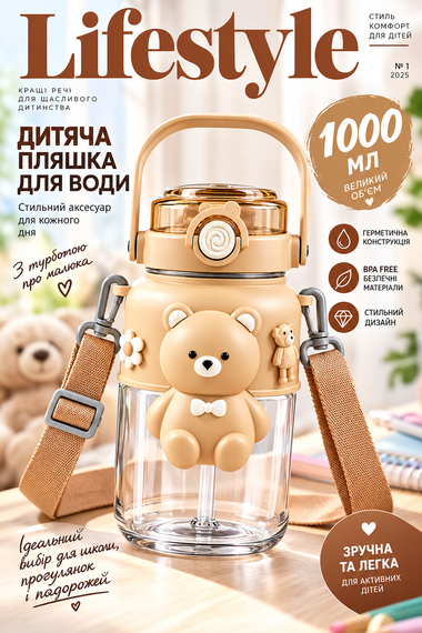 Детская бутылка для воды «Милый Медвежонок» 1000 мл коричневая с ремешком, соломинкой и трубочкой | Зображення 4