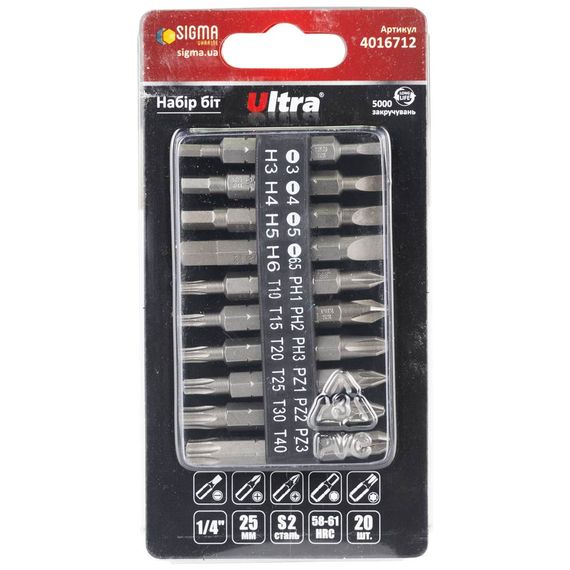Набір біт Ultra 25мм ¼" з тримачем 20шт S2 (блістер) 4016712