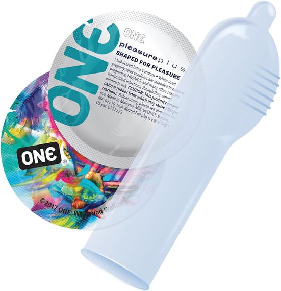 Набір презервативів ONE Pleasure Plus, 100 шт, з ребристою ділянкою на кінці, паковання-тубус | Зображення 2