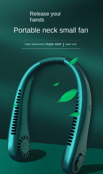 Безлопастной мини-вентилятор на шею MM04 Аккумуляторный  5 режимов охлаждения Зеленый | Зображення 1