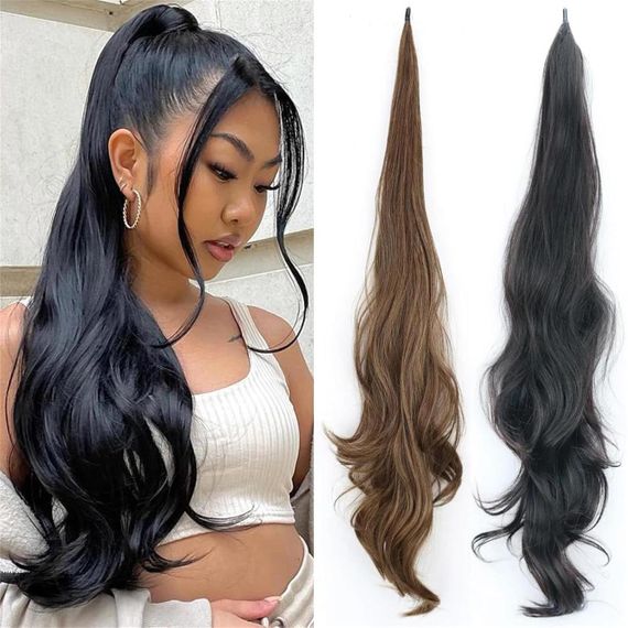 Накладной каштановый хвост 30 дюймов, 75 см волнистый, синтетический, термостойкое волокно коричневое, цвет 04 | Зображення 1