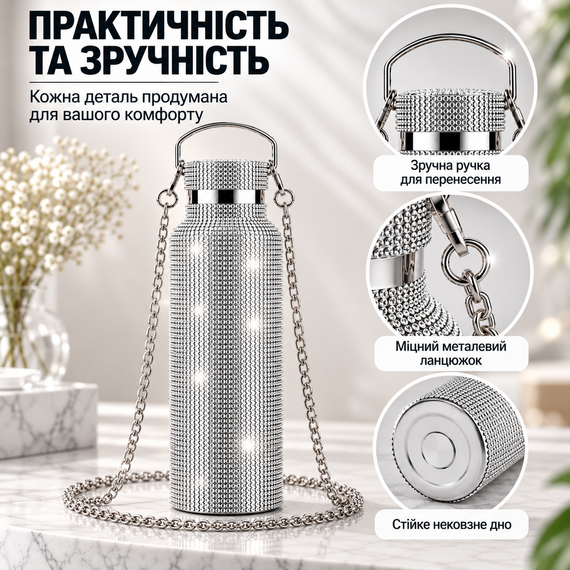 Термопляшка 500 мл зі стразами та ланцюжком, нержавіюча сталь, Срібляста у подарунковій коробці | Зображення 4