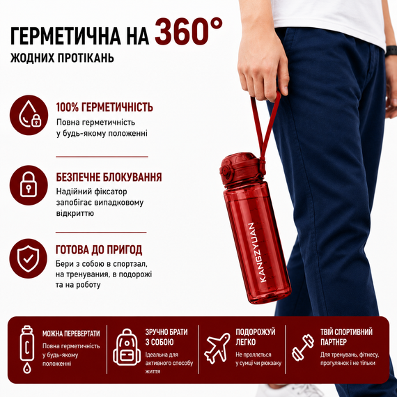 Бутылка для воды KANGZYUAN 500 мл Tritan спортивная, BPA Free, с герметичной крышкой, Красный | Зображення 7
