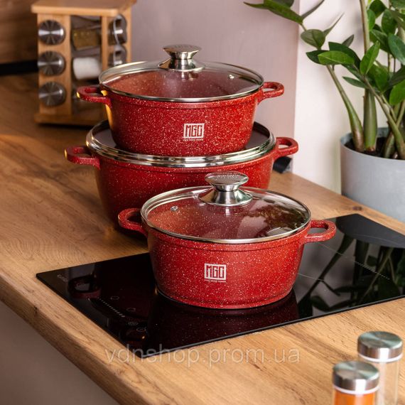 Набір із трьох алюмінієвих каструль із товстим дном та кришками з антипригарним покриттям MGC HP-4-408 | Зображення 4