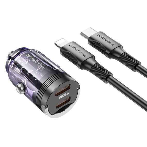 АЗП Borofone BZ29B Outstanding PD36W (2USB-C) + кабель Type-C to Lightning Transparent purple