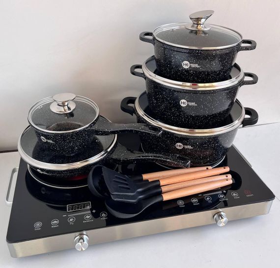Набір посуду Higher Kitchen HK-305 17 предметів з кришками з гранітним покриттям | каструлі | ківш | сковорода | Зображення 3