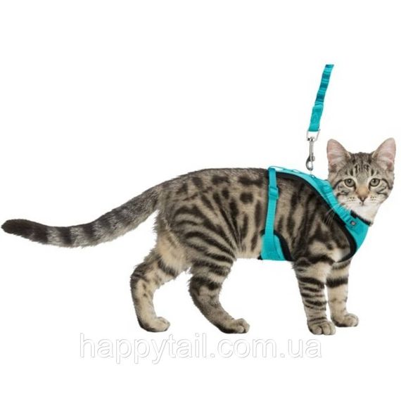 Анатомічна шлея для котів Trixie Y-Harness бірюзова з еластичним повідцем 1 м розмір 39-60 см | Зображення 1