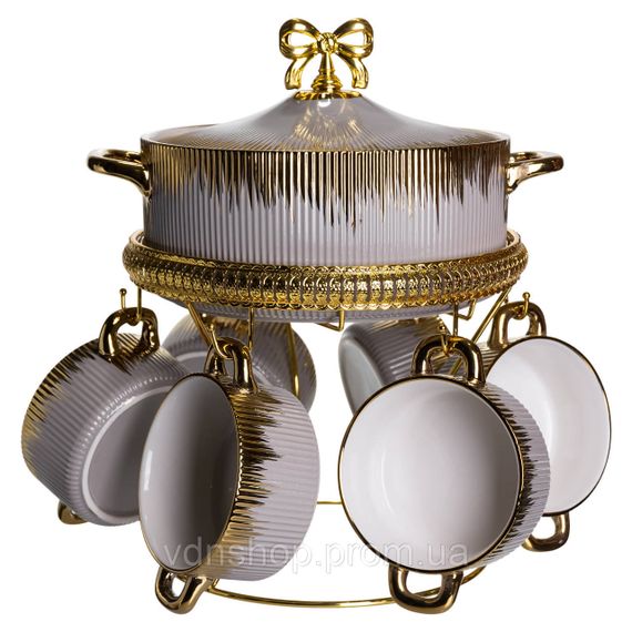 Суповий сервіз на 6 персон супниця 2 (л) на підставці з бульйонницями 400 (мл) тарілки для супу Сірий з золотом FM-A23-6 | Зображення 2