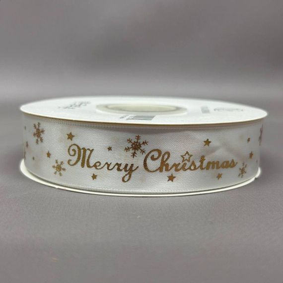 Стрічка атласна 2,5см із новорічним малюнком - біла Merry Christmas | Зображення 1