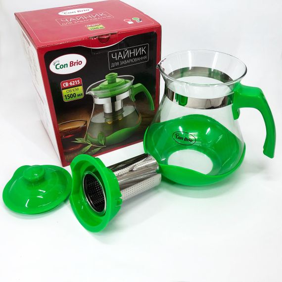 Чайник заварювальний Con Brio Green CB-6215 1,5 л, Чайник самовар скляний. Колір: зелений | Зображення 1