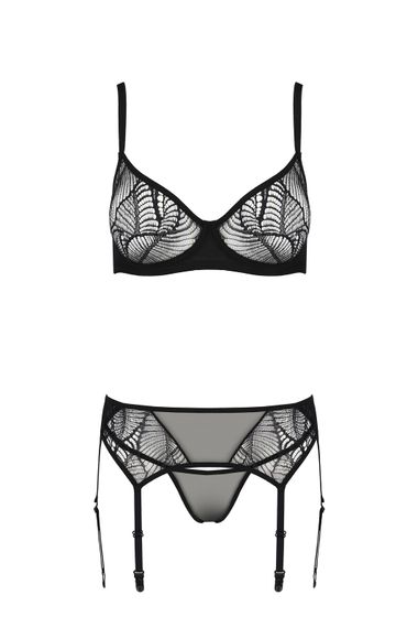 Комплект Passion LEAFA SET black, L/XL, мереживо+сітка, бюстгальтер на кісточках, стрінги, пояс для панчіх | Зображення 2