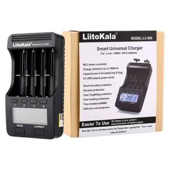 Зарядное устройство с индикатором заряда на 4 аккумулятора от сети или прикуривателя LiitoKala Lii-500 Черный