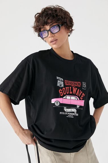 Футболка вільного фасону  із принтом авто - чорний цвет, ONE SIZE (є розміри) | Зображення 4