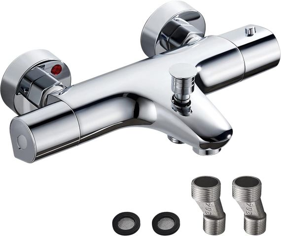Термостатичний змішувач для ванни SINKTORY із захистом 38℃, з двома виходами води, латунний, хромований | Зображення 1
