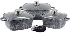 Набор 3 квадратные кастрюли Ofenbach Snow Marble 2.3л, 4.4л, 6.5л с двумя прихватками NB-100509