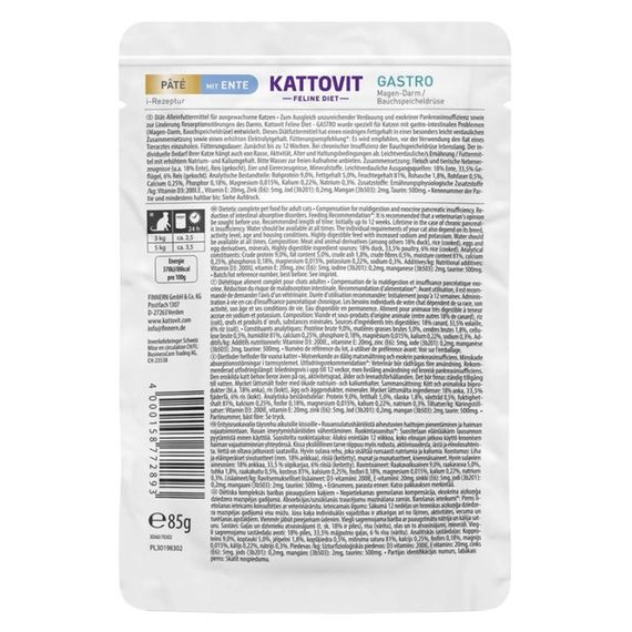 Вологий корм для котів із захворюваннями ШКТ Kattovit Veterinary Gastro Duck Pate, 85 гр | Зображення 3
