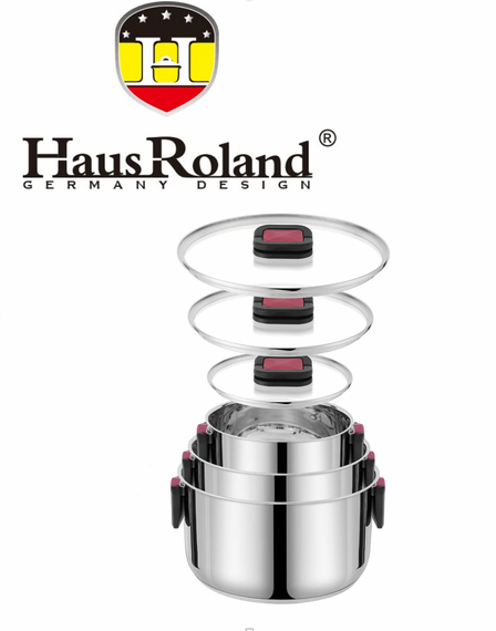 Набор кастрюль Haus Roland HR168-1, 3 шт из нержавеющей стали 1,9/3,6/6,5 л, со складными ручками. Серебристый (HR168-1)