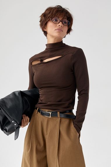 Трикотажний однотонний лонг із переплетом - коричневий цвет, ONE SIZE (є розміри)