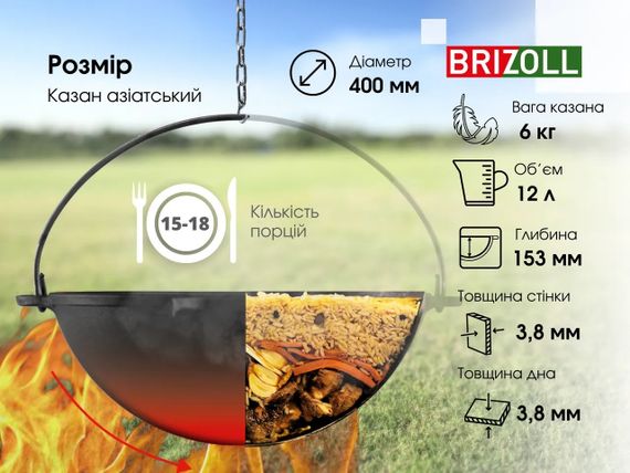 Казан чугунный азиатский без крышки Brizoll (Бризол) 12 л (KA12) | Зображення 5