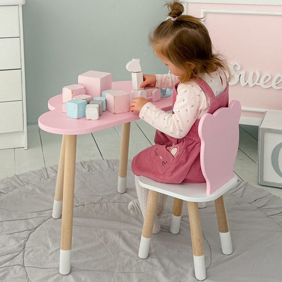 Стіл тучка і стільчик дитячий рожевий медвежа з білим сидінням. Столик для занять, ігор, їжі | Зображення 4