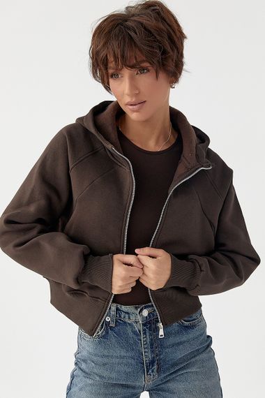 Утеплене коротке худі на блискавці - коричневий цвет, M (є розміри) | Зображення 4