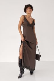 Сатинова сукня на бретелях із мереживом - коричневий цвет, ONE SIZE (є розміри)
