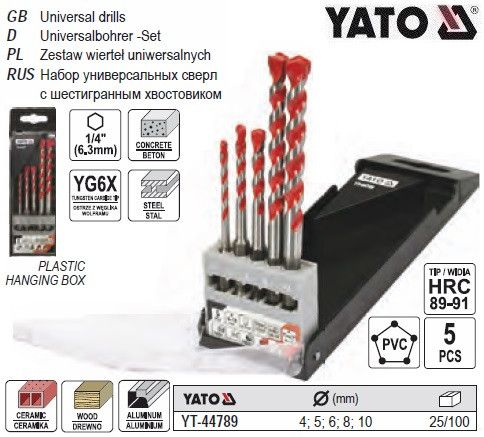 Набир свердл универсальних YATO Польща YG6X Ø=4-10 мм HEX-1/4" 5 штук YT-44789
