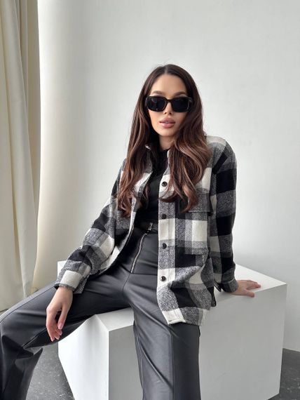 Женская теплая хлопковая рубашка в клетку GDF122, цвет черно-белый, размер 48/52 | Зображення 2