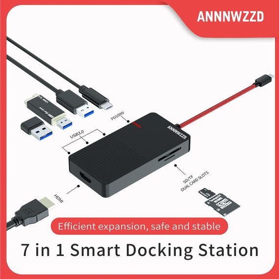 Док-станция 7в1, USB-C хаб с HDMI 4K, USB 3.0, кардридерами SD/TF, PD зарядкой 100W черный HUB Type-C PD 100Вт | Зображення 1