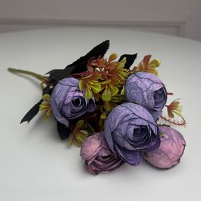 Букет Ранункулюсів штучний, 30 см, 5 стебел, 8 квіток/мікс (2 букети в уп.). Колір: фіолетовий