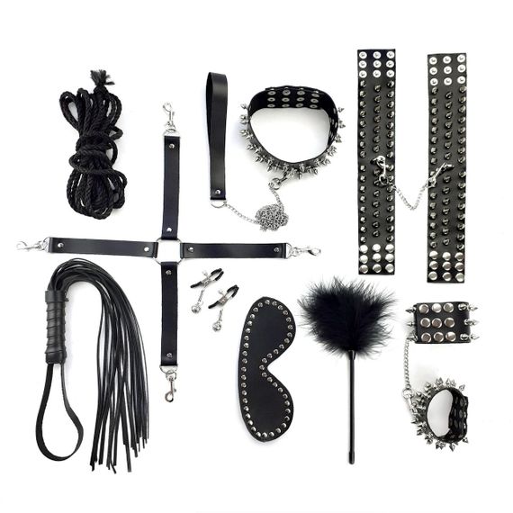BDSM-набір Art of Sex – Spikes BDSM Set Leather, 10 предметів, чорний, натуральна шкіра Sex Aura | Зображення 1