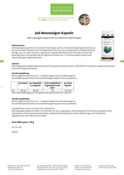Вітаміни "Йод з морських водоростей" Sanct Bernhard "Jod-Meeresalgen" 100 мкг., 180 капсул, Німеччина | Зображення 1