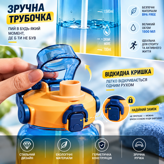 Спортивна пляшка для води START TRAINING 1500 мл синьо-жовта з трубочкою, ручкою та ремінцем | Зображення 3