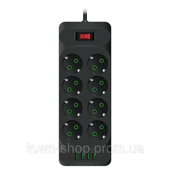 Сетевой фильтр F34U, 8 розеток EU + 4 USB + 2 PD, кнопка включения с индикатором, 2 м, 3х0,75мм, 2500W, Black,
