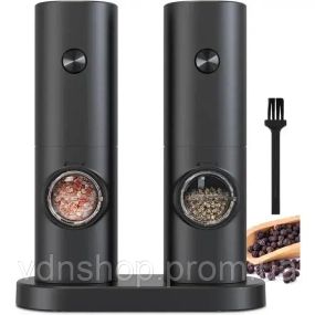 Млин для спецій, перцю та солі, електромлин на акум-ре з підсвічуванням 2 шт з підставкою Grinder Set BLACK