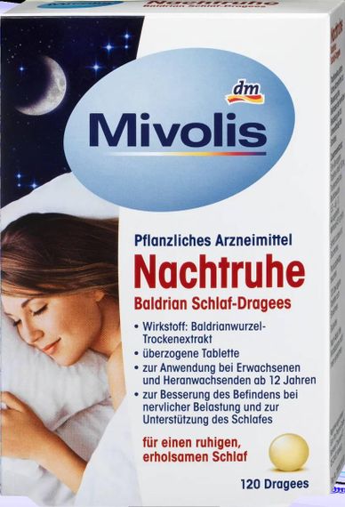 Драже "Mivolis" для крепкого сна с экстрактом корня валерианы, 120 шт., Германия